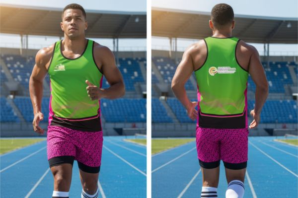 Realiza una imagen realista de este uniformes de atletismo frente y espalda