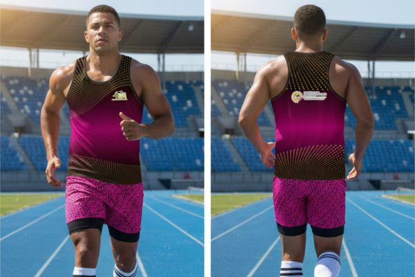 Realiza una imagen realista de este uniformes de atletismo frente y espalda